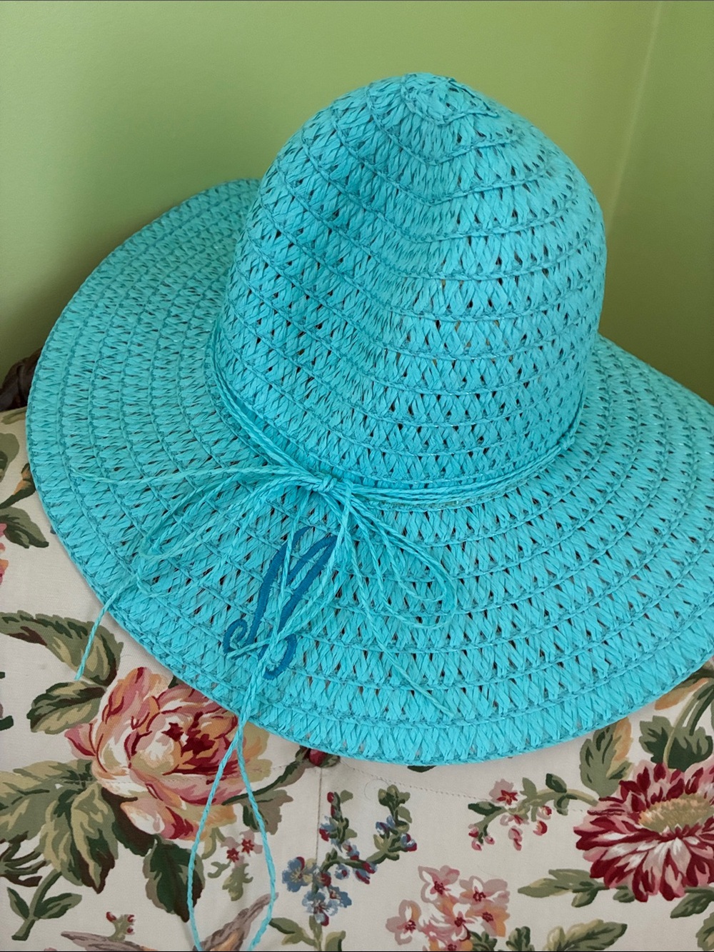 Turquoise Straw Sun Hat with Tie - Picture 2 of 3